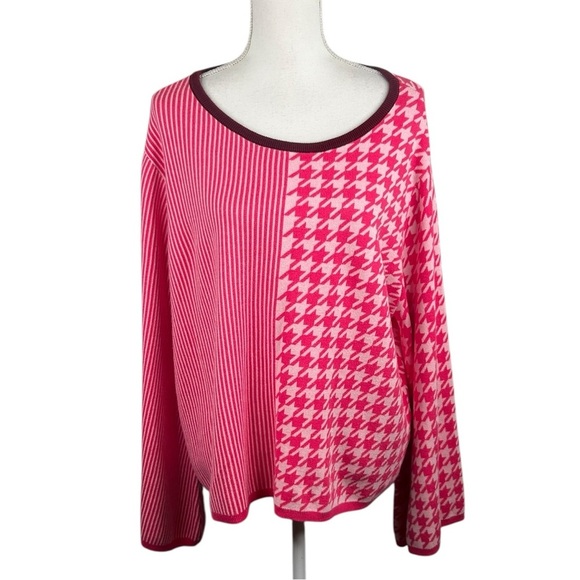 dolan Sweaters - Dolan Pink Burgundy Stripe Houndstooth Cotton Blend Crewneck Sweater Size 2X